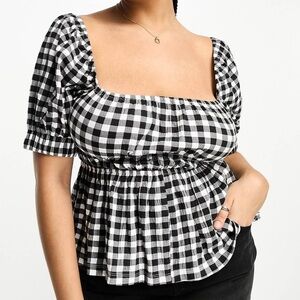 ASOS Curve Black and White Checkered Puff Sleeve Blouse
